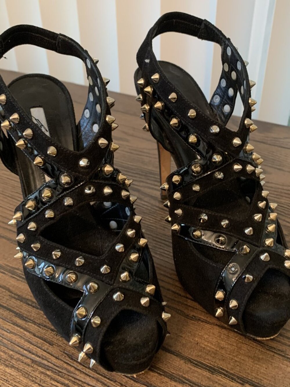Black Velvet & Patent Leather Gold Studded Heels by Brian Atwood